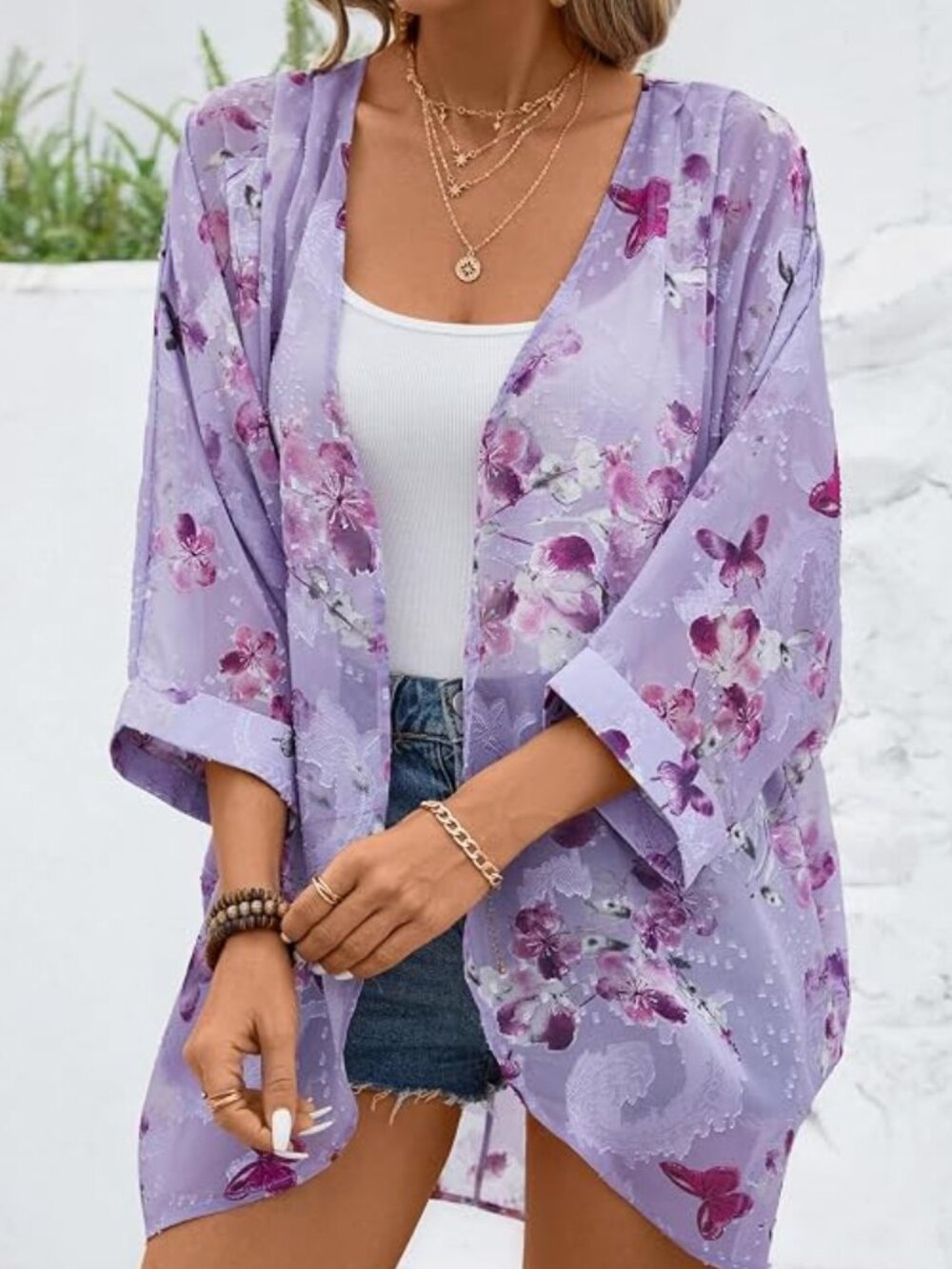 Women's Floral Print Sheer Chiffon 3/4 Cuffed Bat Sleeve Kimono Size XXL
